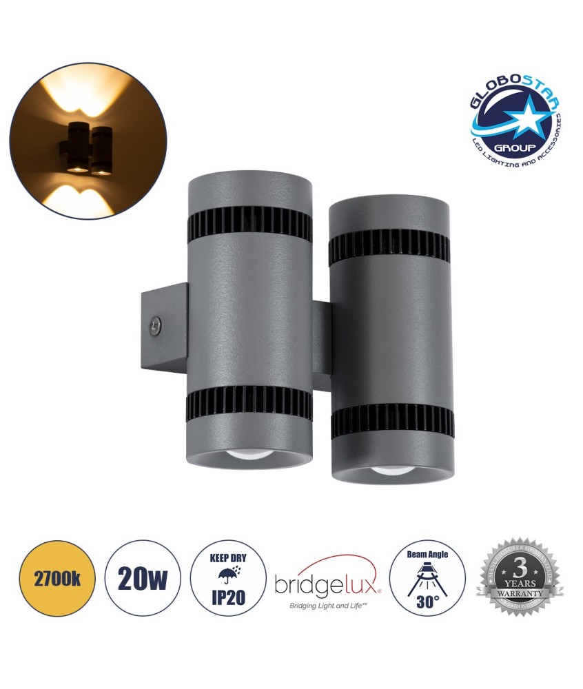 GLOBOSTAR® CANNONAL 60579 Μοντέρνο Φωτιστικό Τοίχου - Απλίκα LED 20W 2300lm 30° AC 220-240V IP20 Θερμό Λευκό 2700K - Bridgelux COB Chip & TÜV SÜD Driver - Μαύρο Ματ & Γκρι Ανθρακί Ματ - Μ12 x Π6.5 x Υ11cm - 3 Χρόνια Εγγύηση